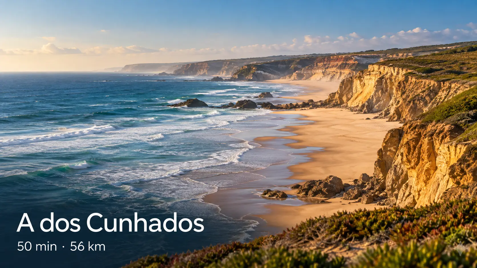 Golden cliffs, long sandy beach and Atlantic surf at A dos Cunhados