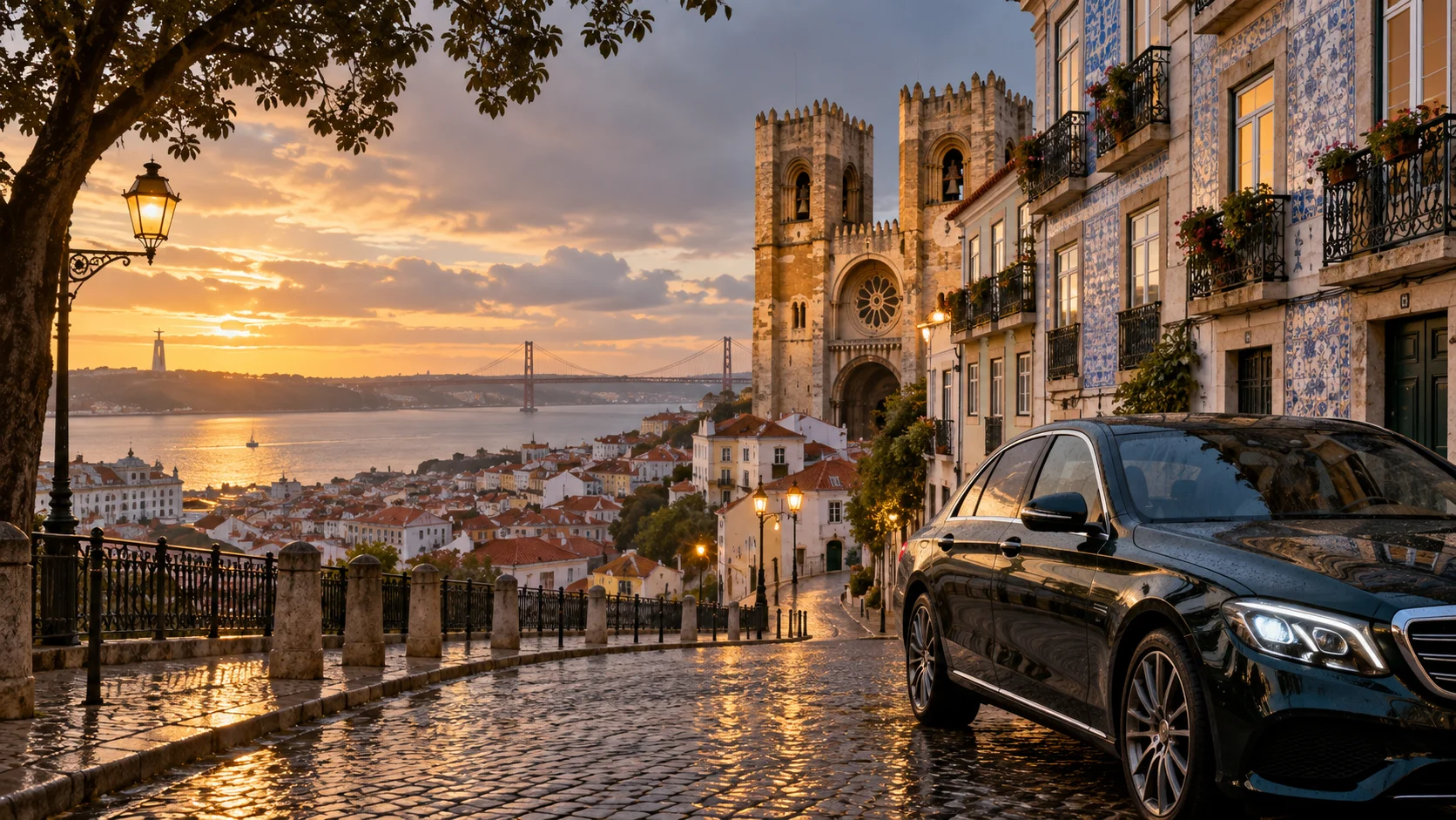 Executive sedan on the Lisbon waterfront beside Belém Tower