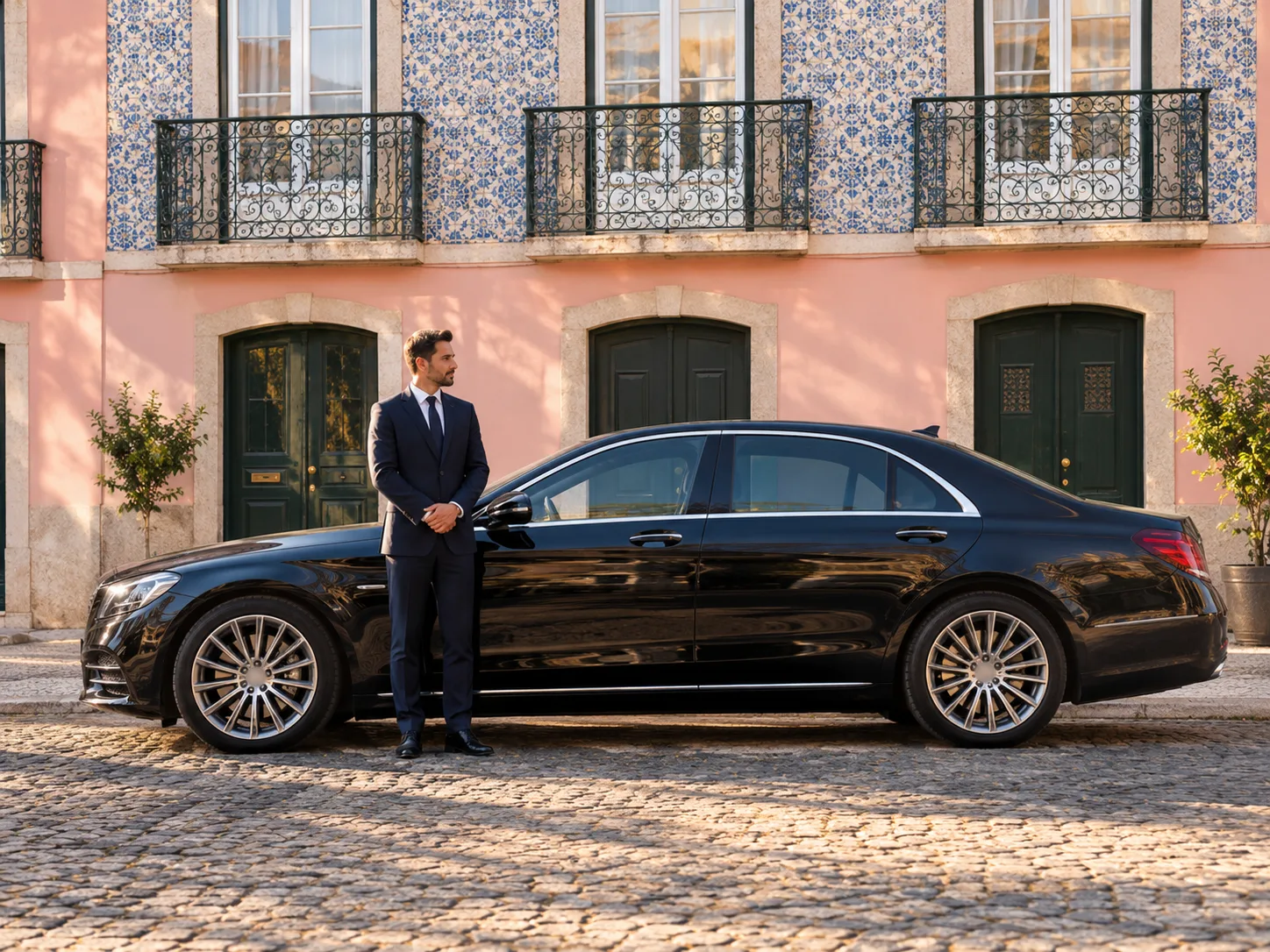 Portugal Taxis driver beside a black sedan on a tiled Lisbon street