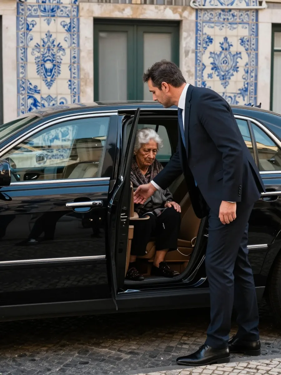 Chauffeur helping an elderly passenger out of a black sedan at a tiled Lisbon doorstep
