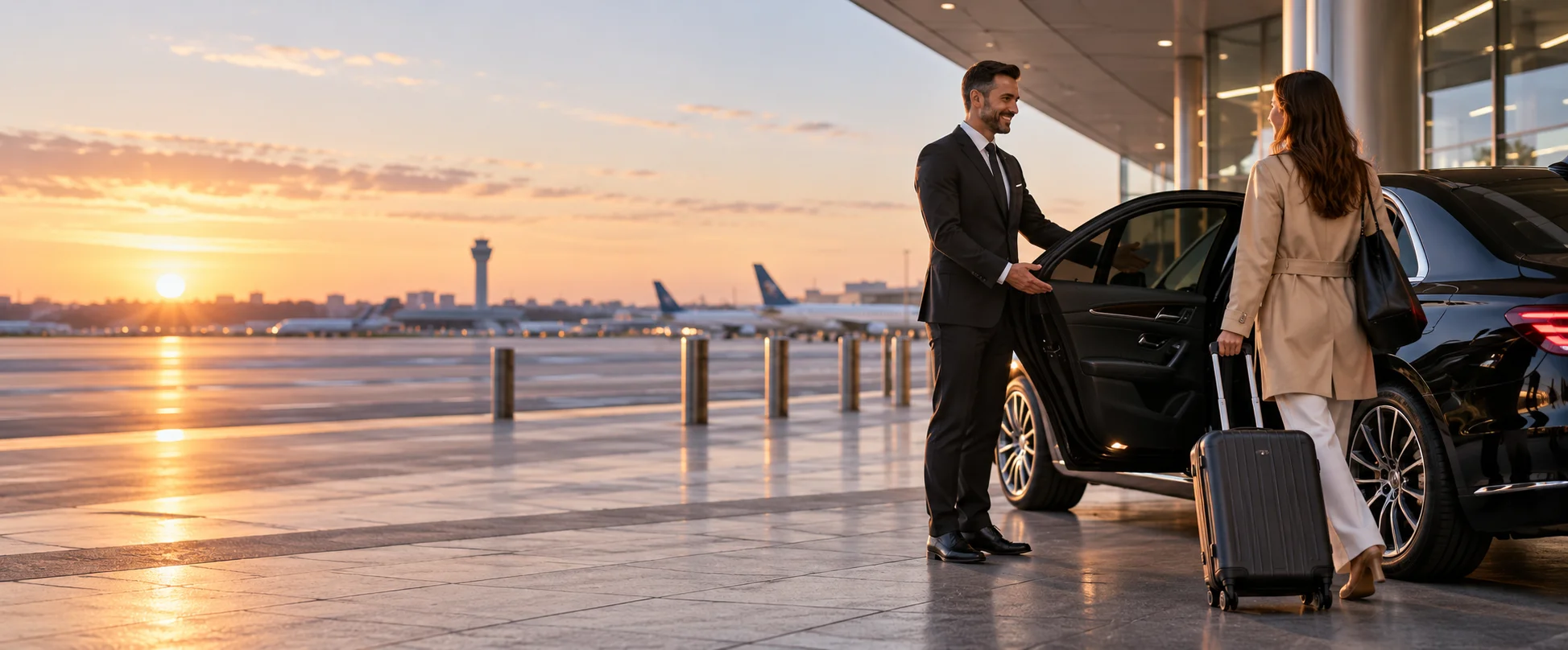 Chauffeur opening the rear door of a black sedan for a traveller at the airport at sunset