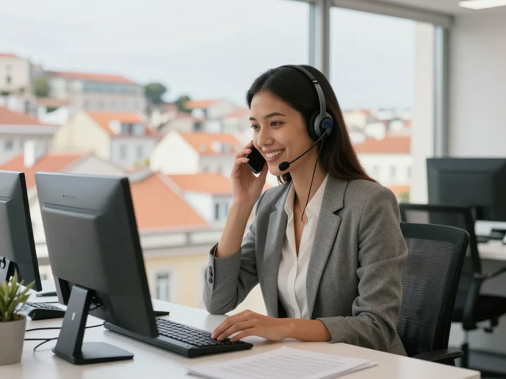 Support agent with a headset helping a traveller by phone