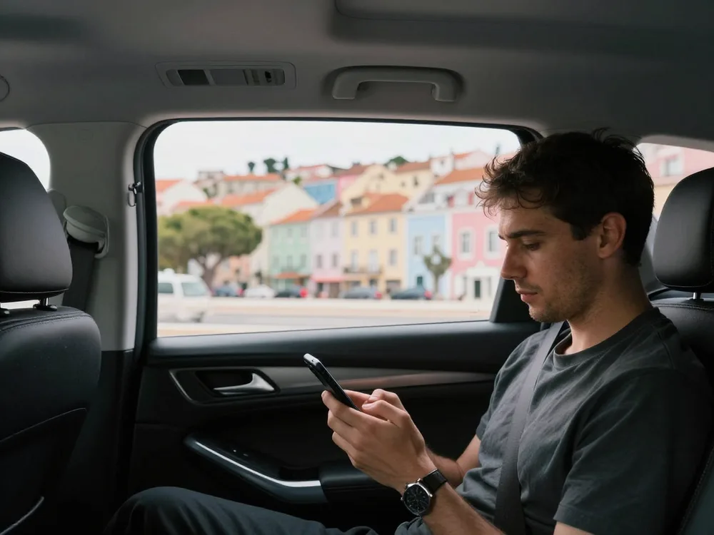 Passenger checking the fare on a phone in the rear seat