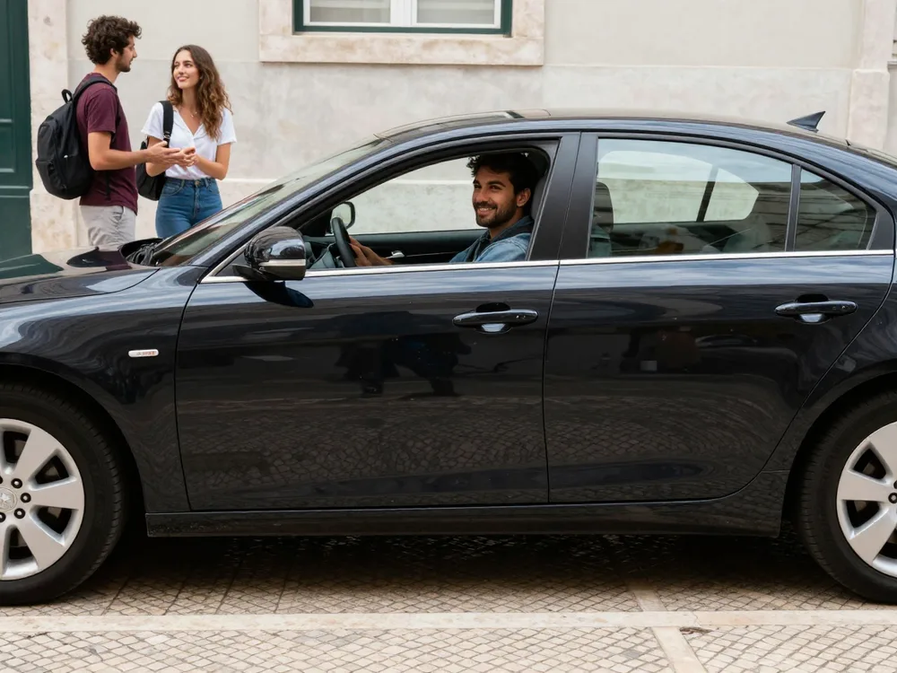 Driver greeting passengers on a tiled Lisbon street