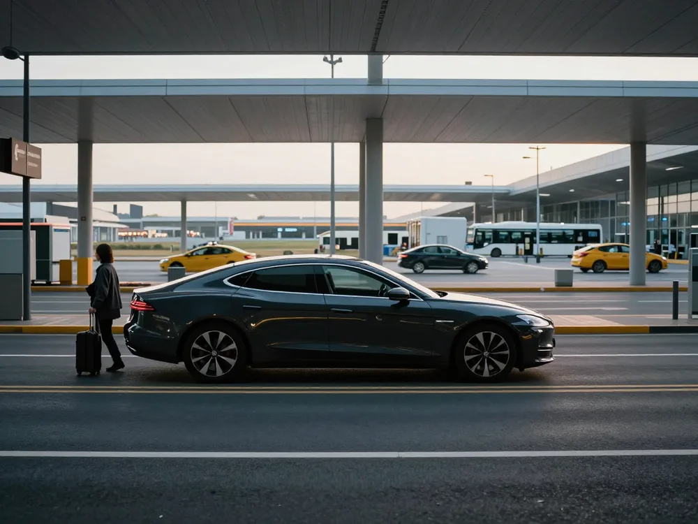 Black sedan pulling up at the Lisbon airport departures curb