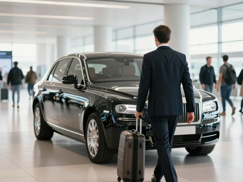 Chauffeur holding a name board in the arrivals hall