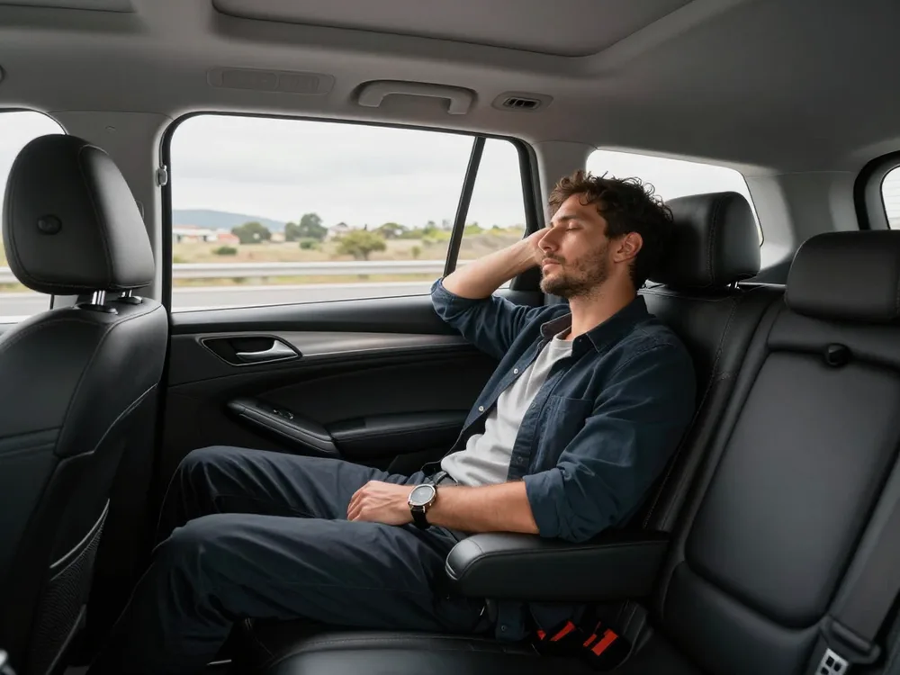 Traveller relaxing in the spacious rear seat after a flight