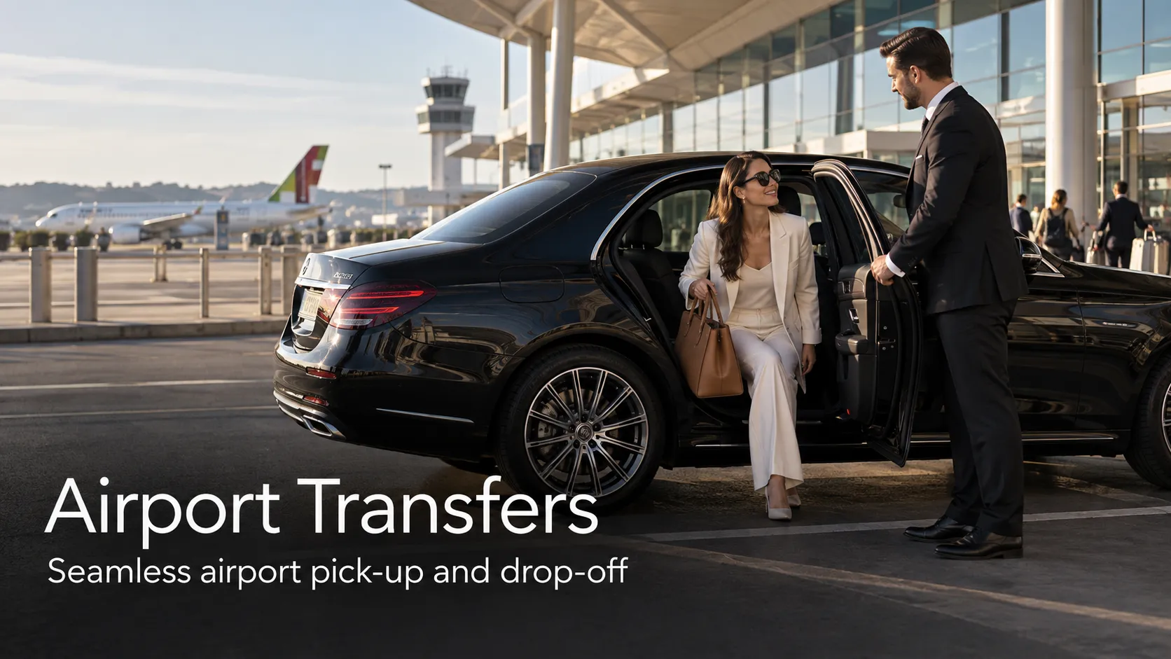 Chauffeur holding the door of a black sedan for a traveller at the airport, with a plane on the apron behind