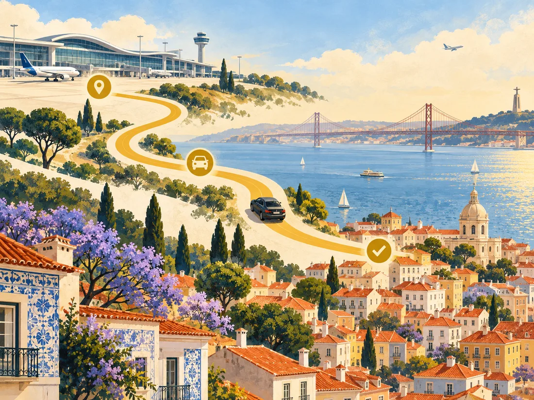 Illustrated route from Lisbon Airport past the Tagus river and 25 de Abril Bridge to the city