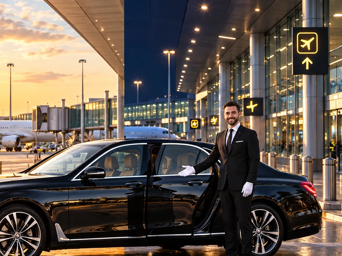 Chauffeur in a suit and white gloves opening the rear door of a black sedan outside an airport terminal