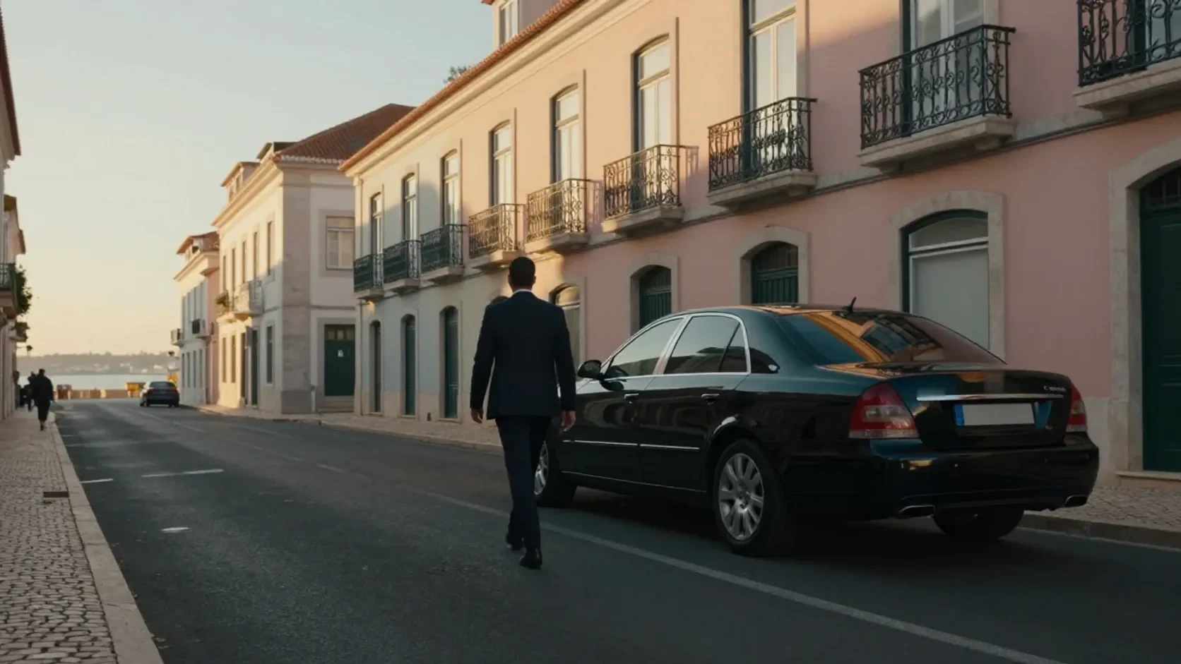 Chauffeur walking to his black sedan on an early-morning Lisbon street