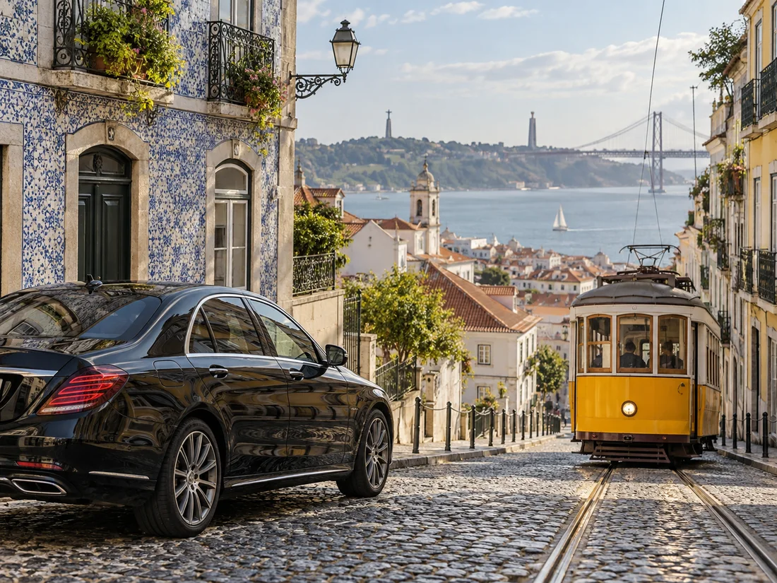 Black sedan beside a Lisbon tram with the Tagus river beyond
