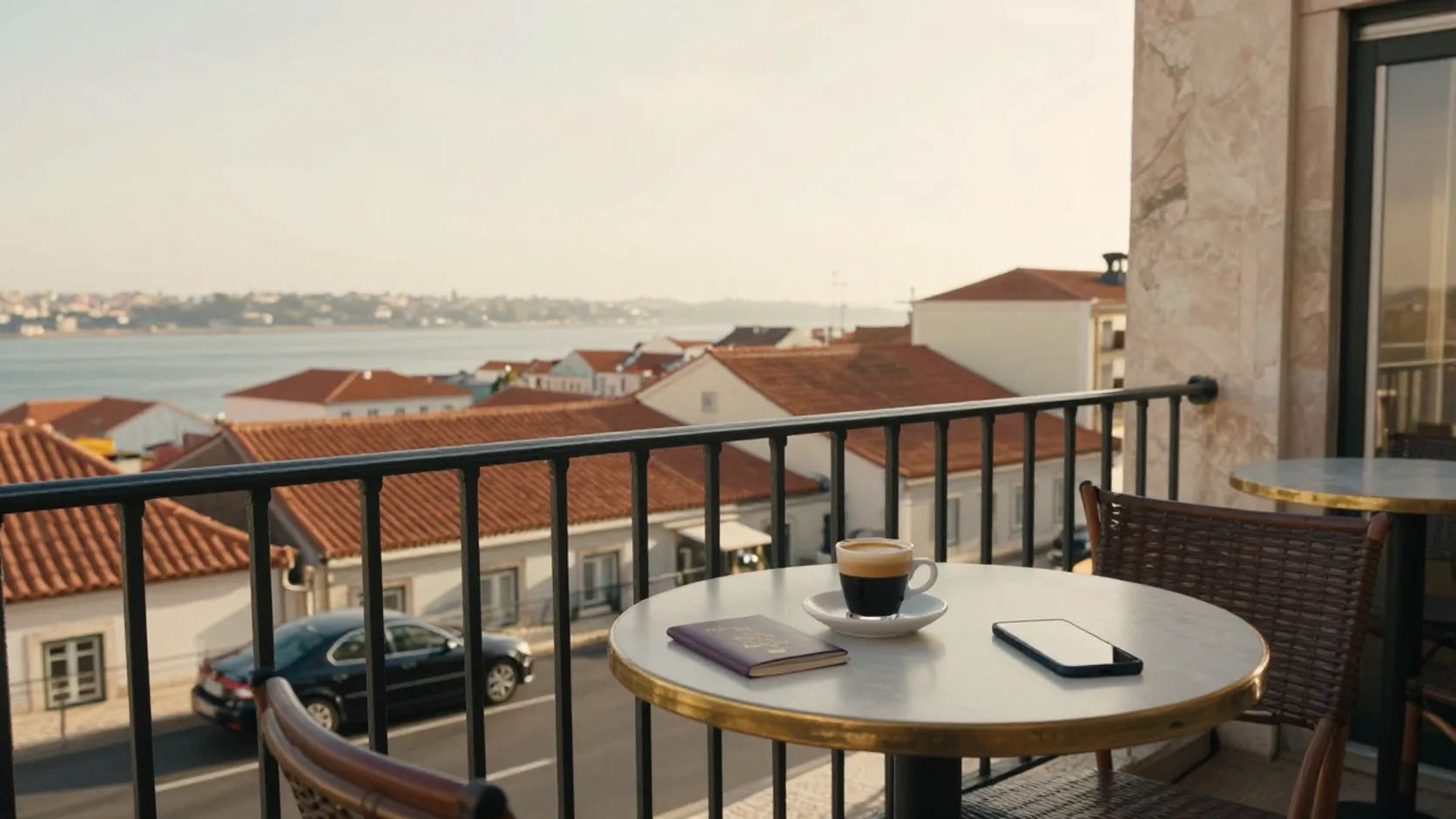 Espresso and passport on a Lisbon hotel balcony above terracotta rooftops