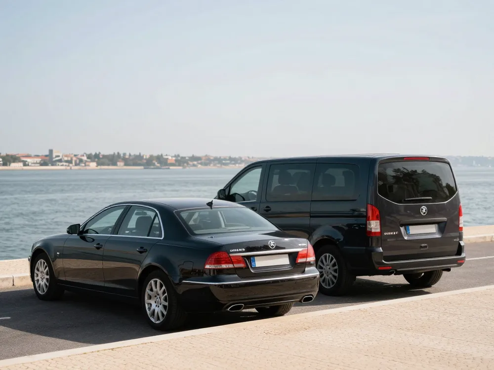 Executive sedan and passenger van side by side
