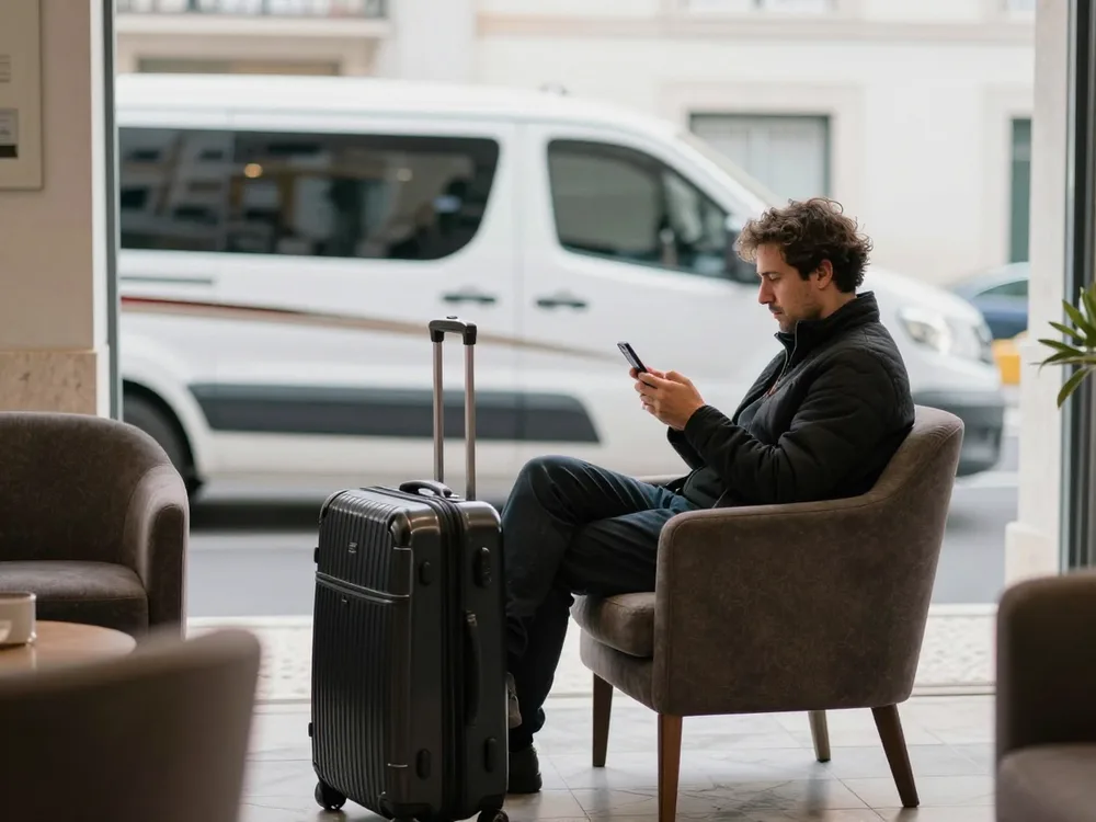 Traveller entering details on a phone beside suitcases