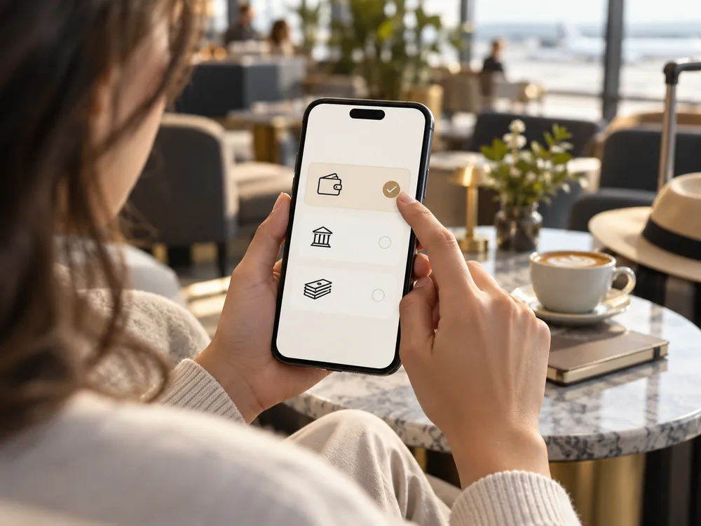 Traveller choosing a payment method on a phone in an airport lounge