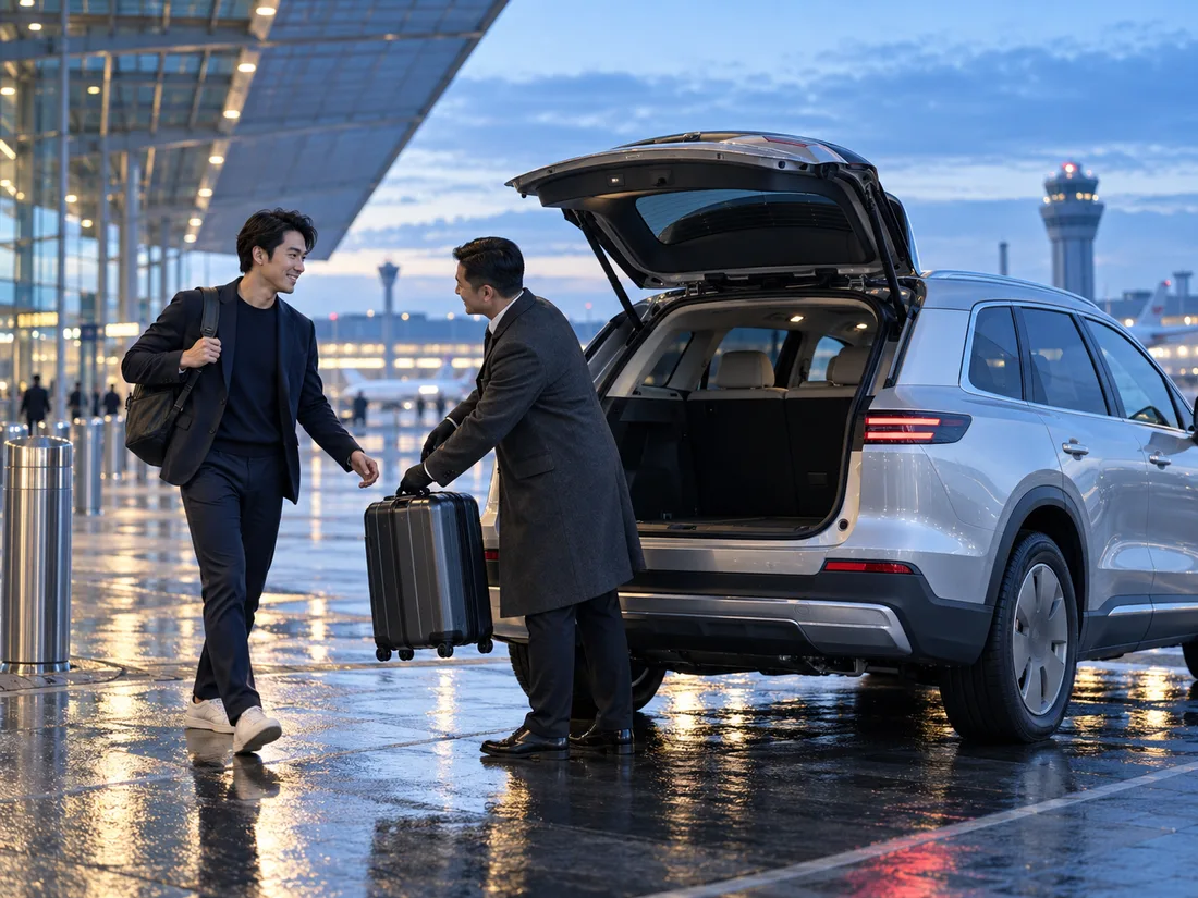 Driver loading a guest's luggage into an SUV outside an airport terminal at dusk