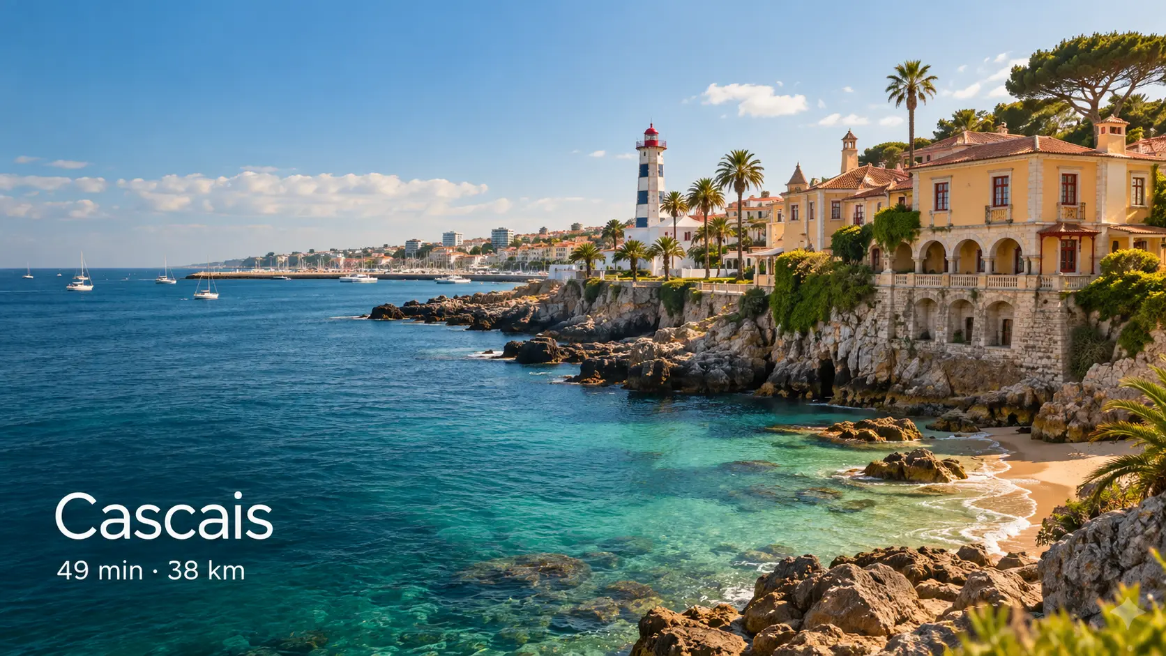 Rocky coast and turquoise water at Cascais with a striped lighthouse and yellow seafront villa