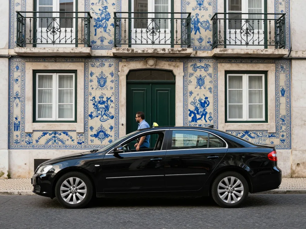 Passenger stepping out of a sedan at a tiled Lisbon doorway