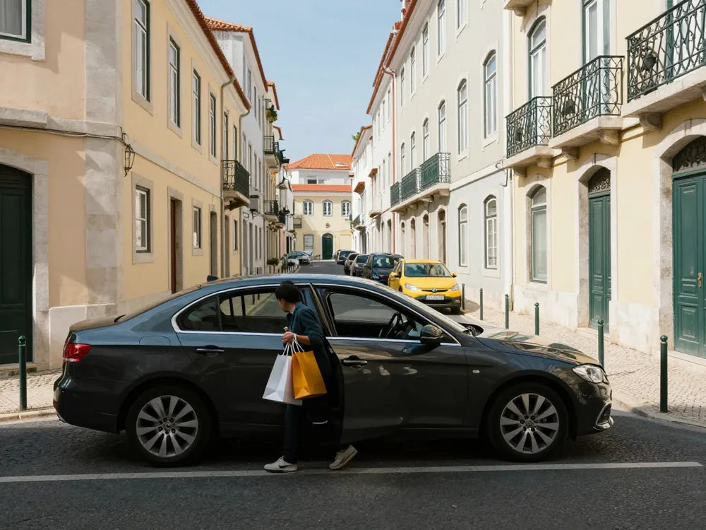 Passenger with shopping bags getting into a sedan on Rua Augusta