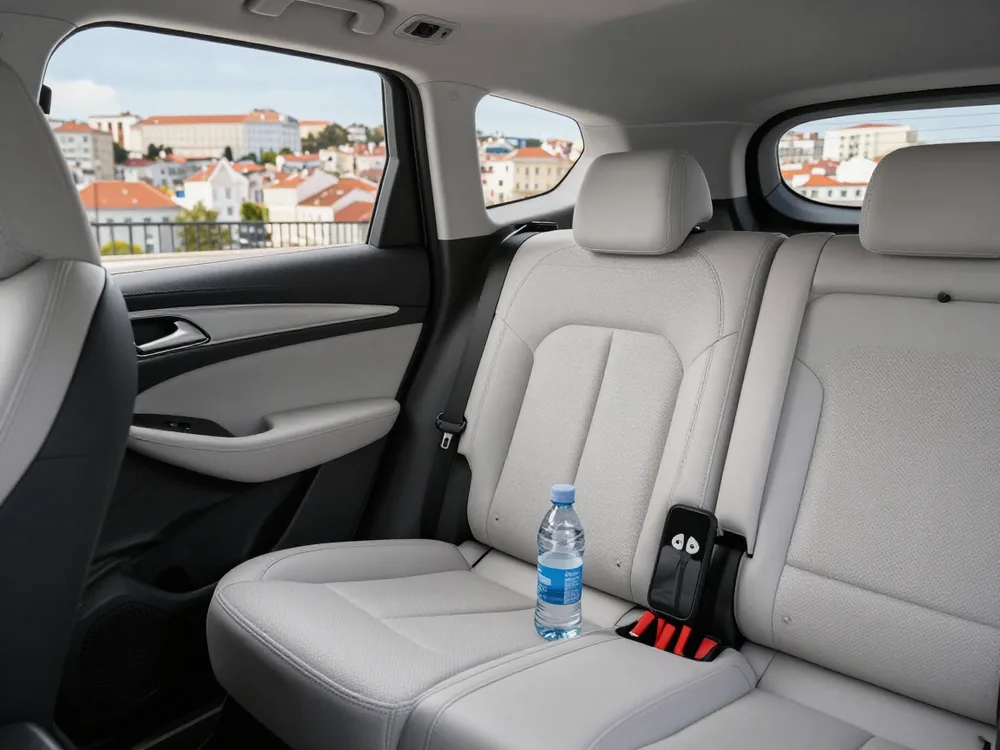 Clean rear seat with water and a phone charger