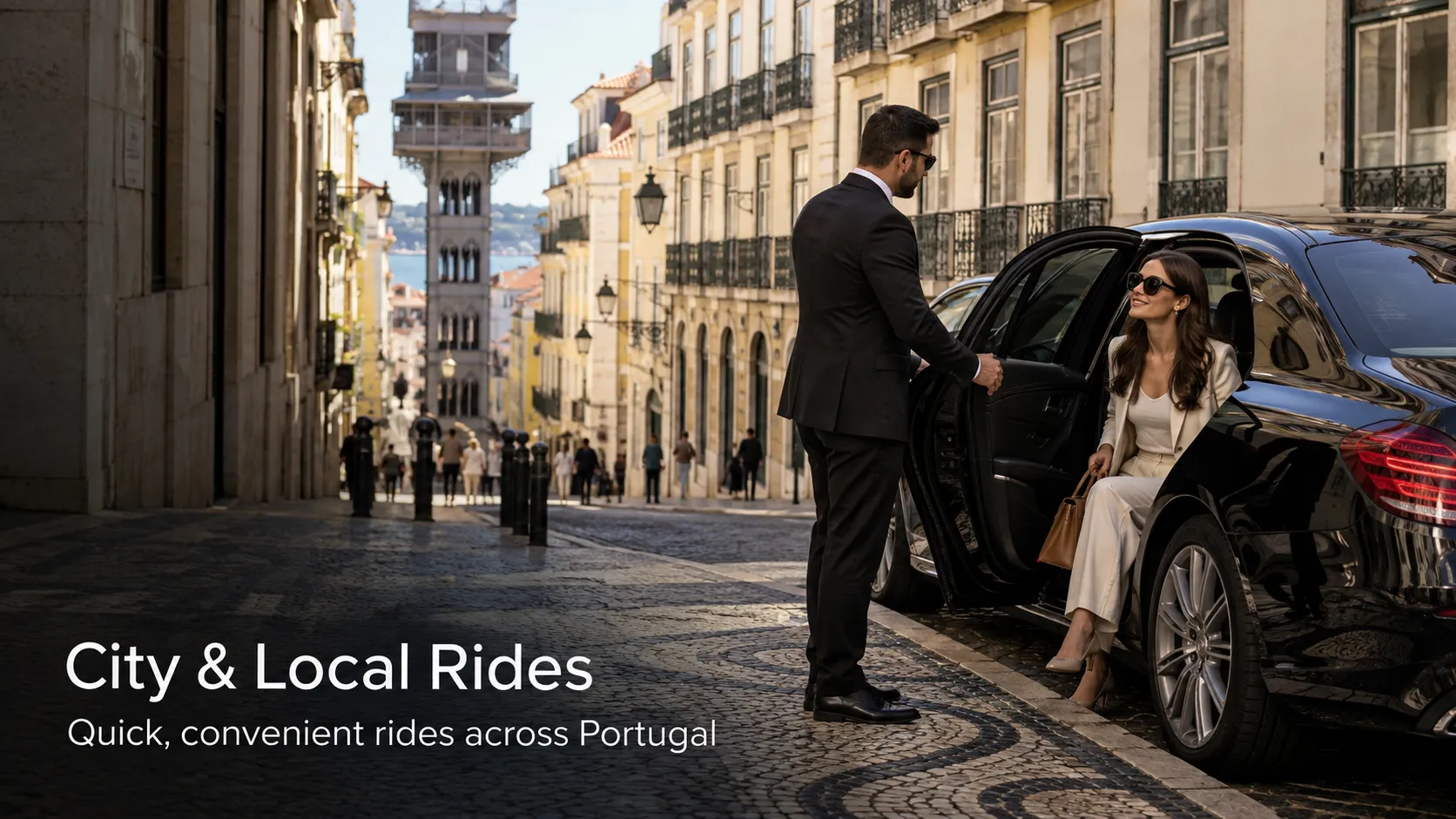 Chauffeur opening the door of a black sedan for a passenger on a cobbled Lisbon street below the Santa Justa Lift