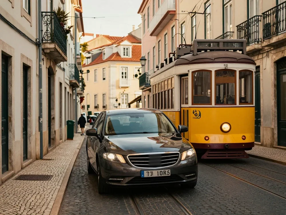 Black sedan beside a yellow tram on a narrow Lisbon street