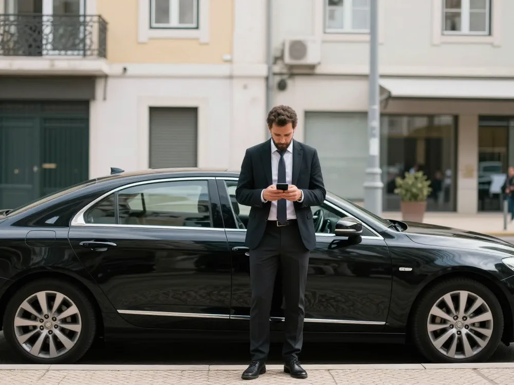 Traveller using a phone beside an executive car