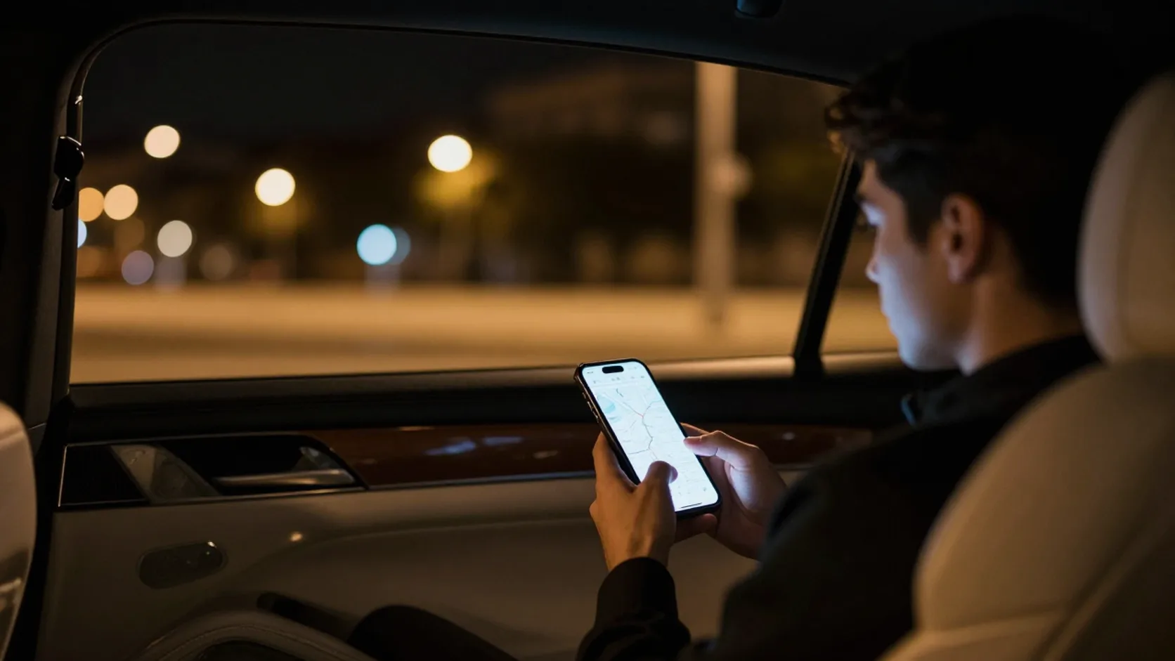 Passenger checking a map on a phone in the back of a sedan at night