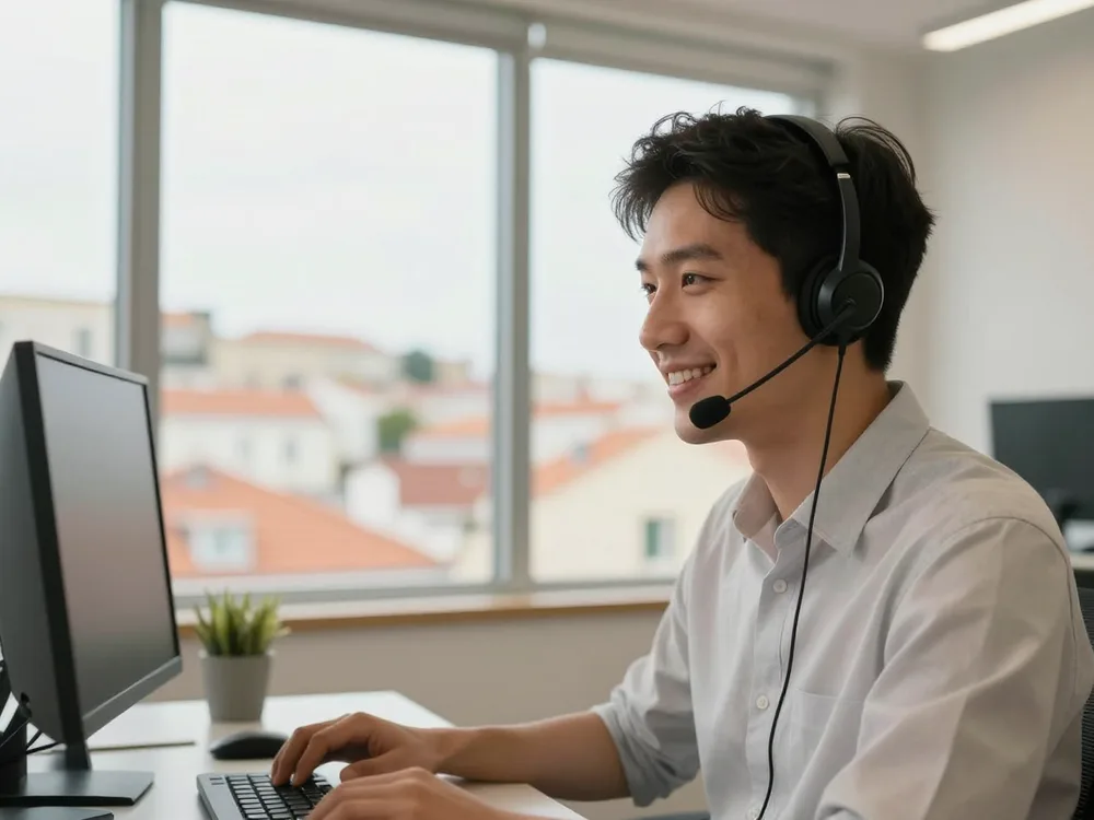 Customer service agent with a headset