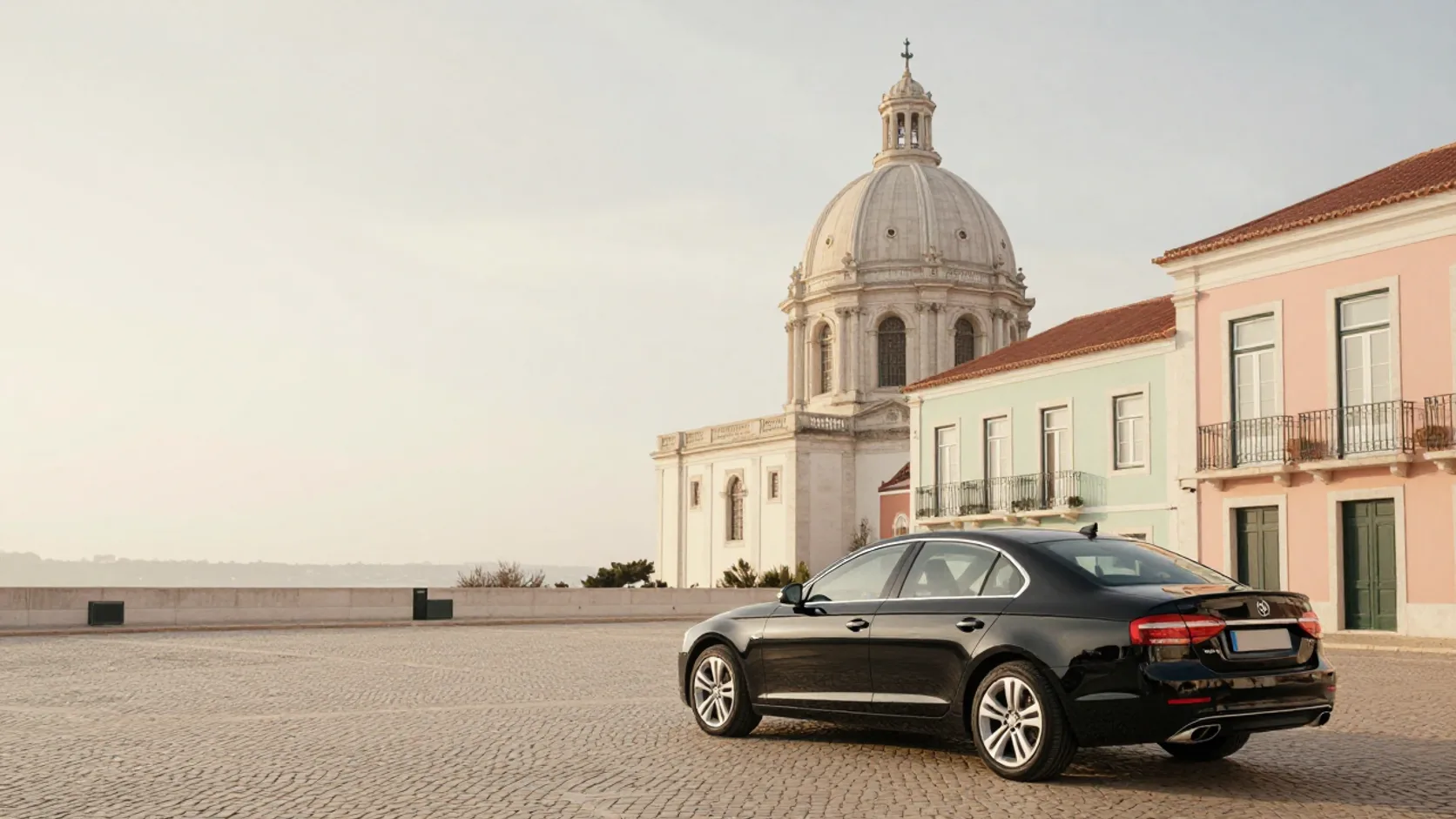 Black sedan on a quiet square below the dome of the Basílica da Estrela in Lisbon