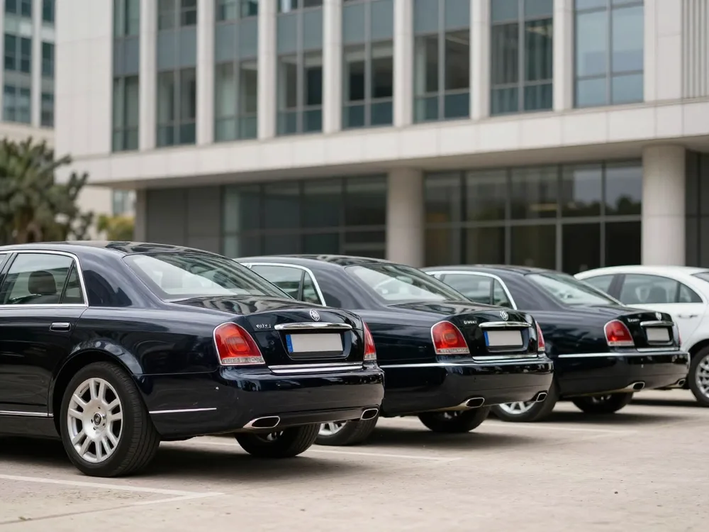 Row of black executive sedans in a business district