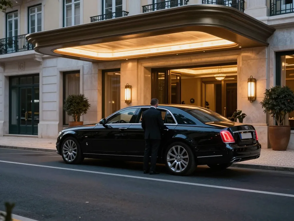 Chauffeur waiting beside a sedan outside a hotel at dusk