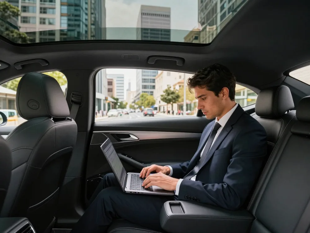 Business traveller working on a laptop in the rear seat