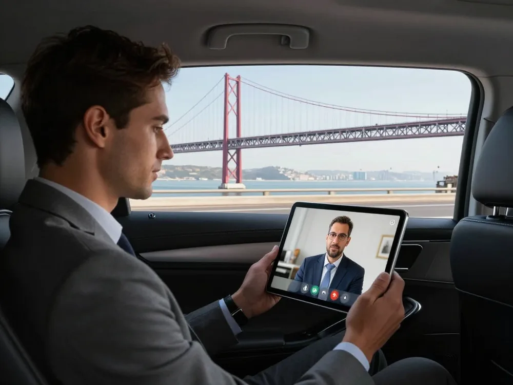 Executive on a video call crossing the 25 de Abril bridge