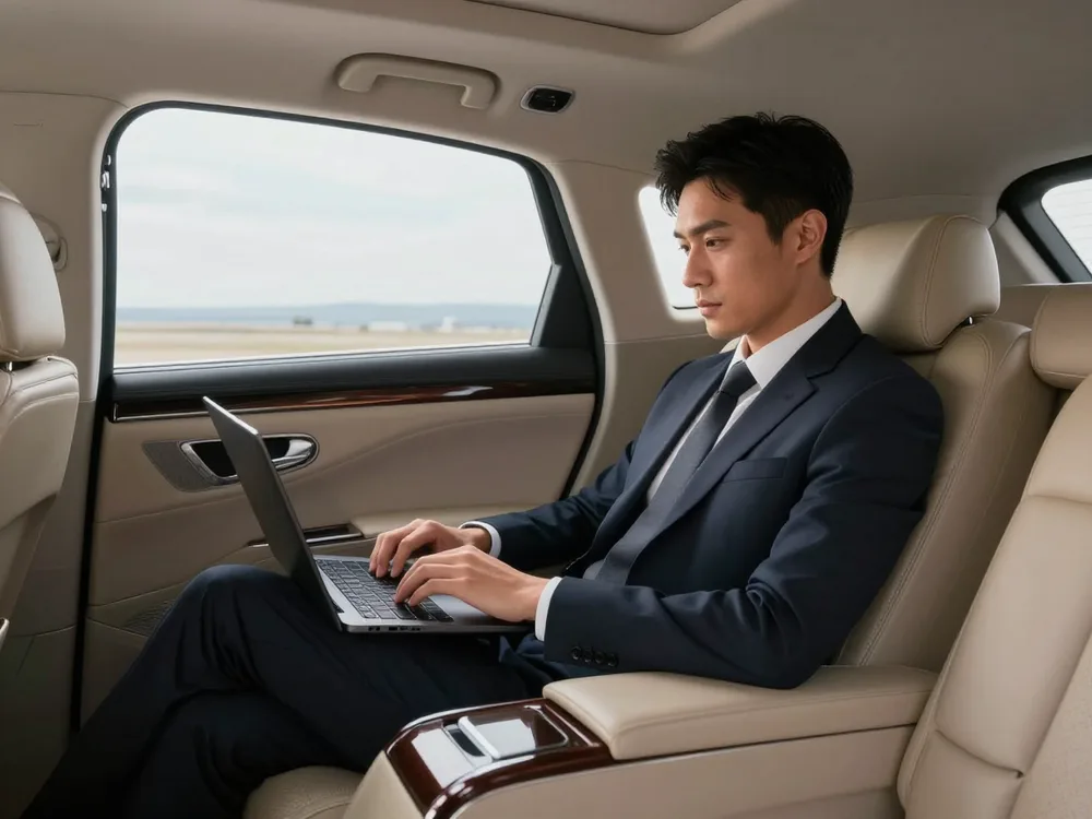 Business traveller working on a laptop in the rear seat
