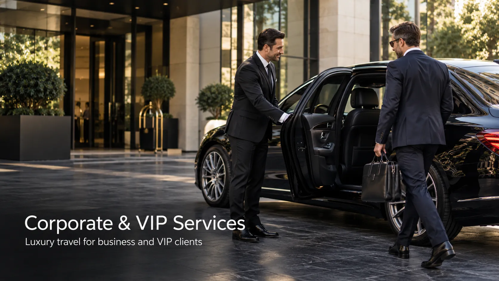 Chauffeur opening the rear door of a black sedan for a business client outside a luxury hotel