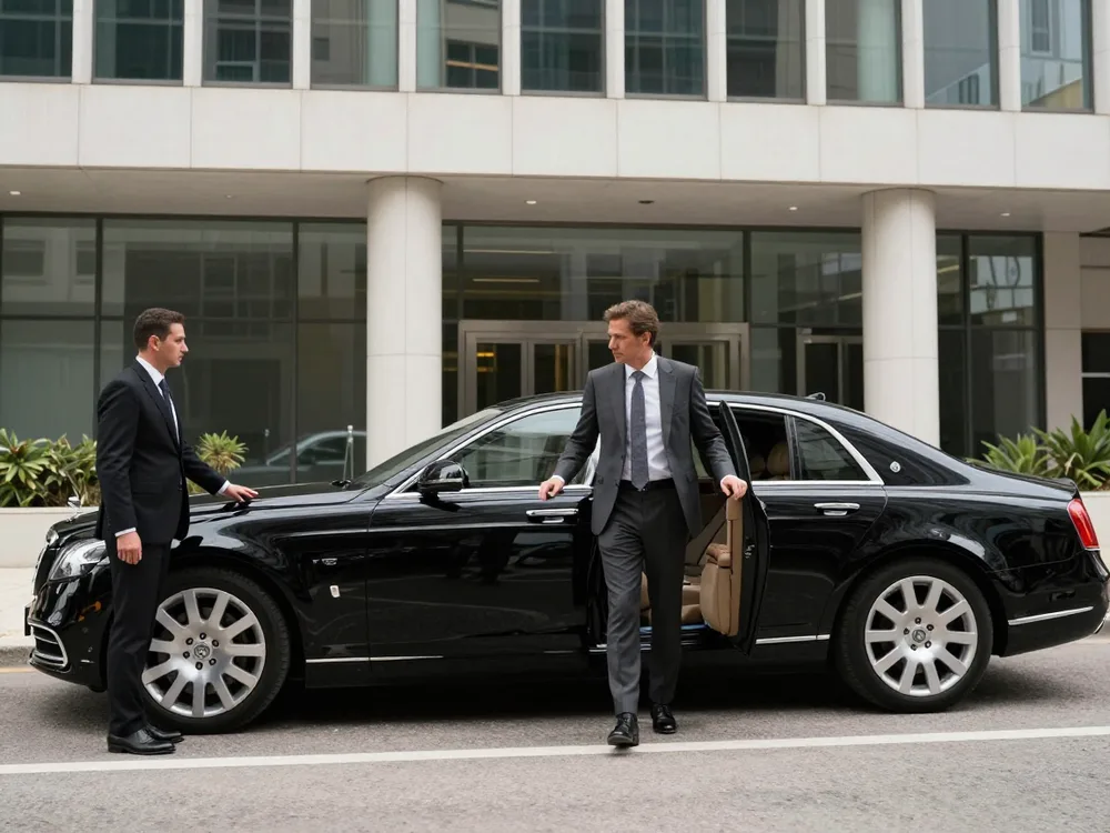 Executive stepping out of a black sedan outside a Lisbon office