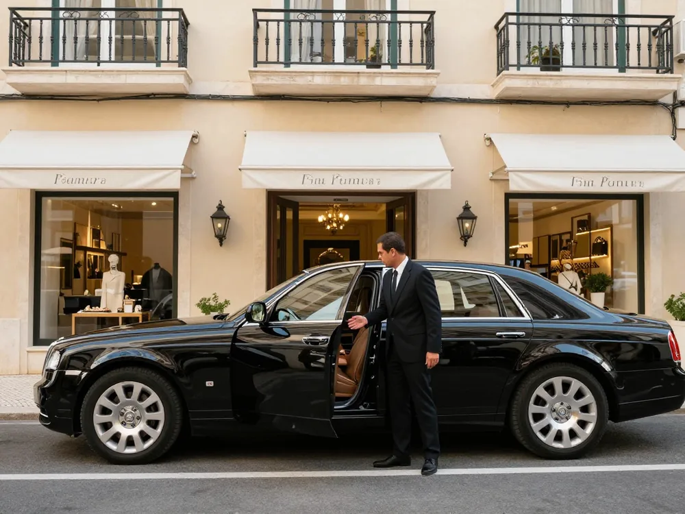 Chauffeur opening a car door outside a hotel