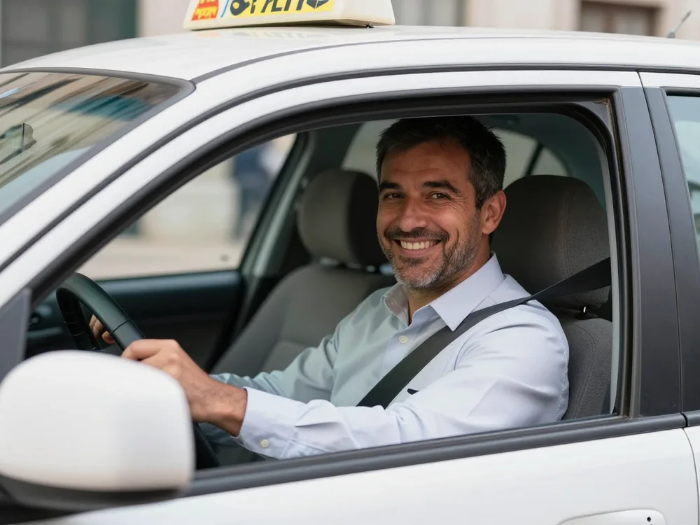 Smiling taxi driver at the wheel