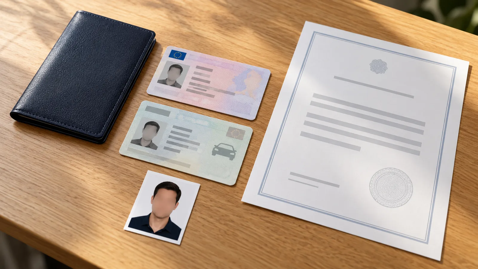Driving licence, ID card and documents on a desk