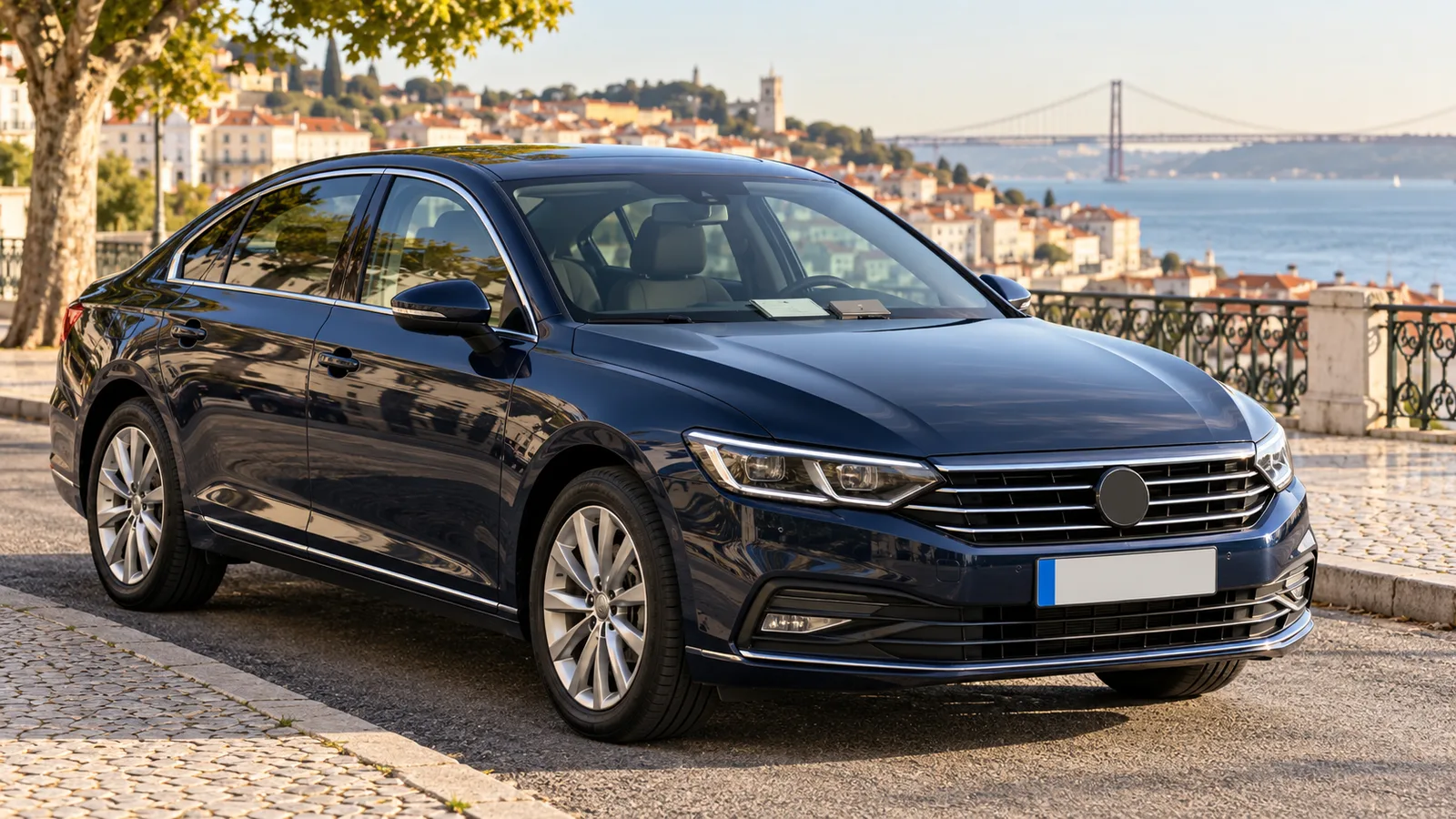 Dark executive sedan parked on a Lisbon viewpoint overlooking the river