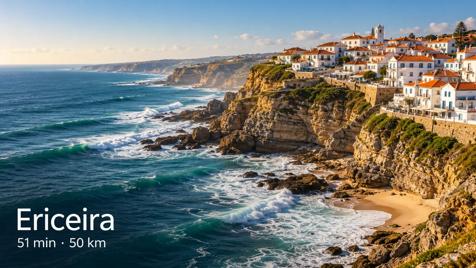 Whitewashed clifftop houses of Ericeira above rocky coast and Atlantic waves