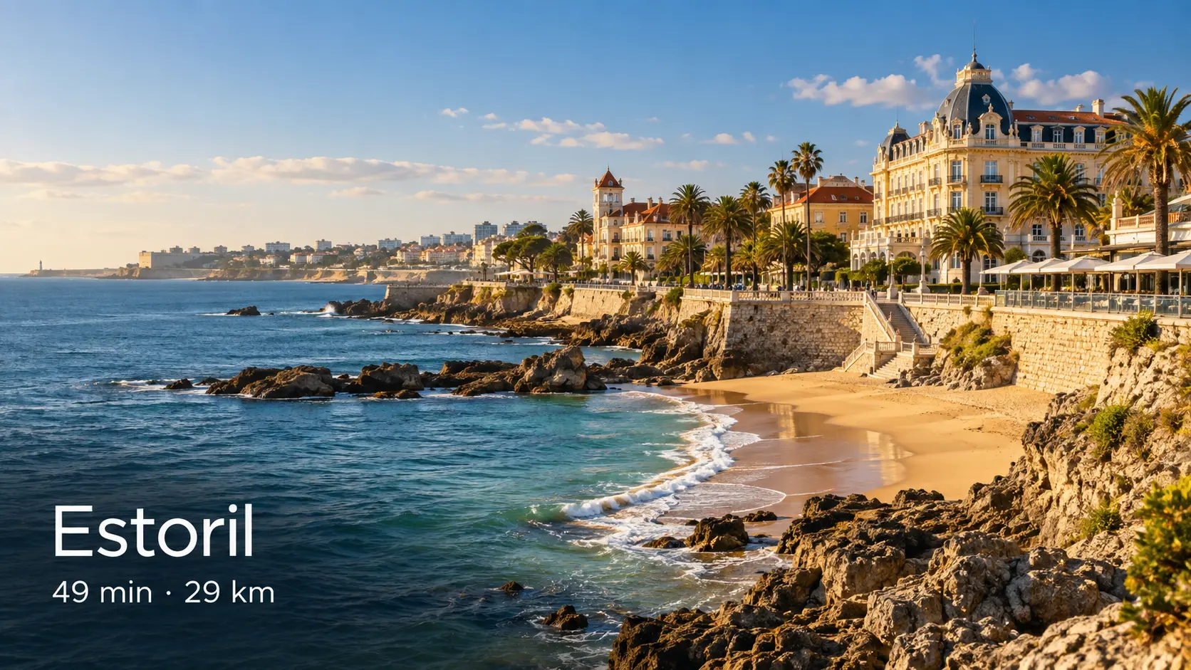 Estoril seafront with palm trees, a grand yellow hotel building and a sandy cove