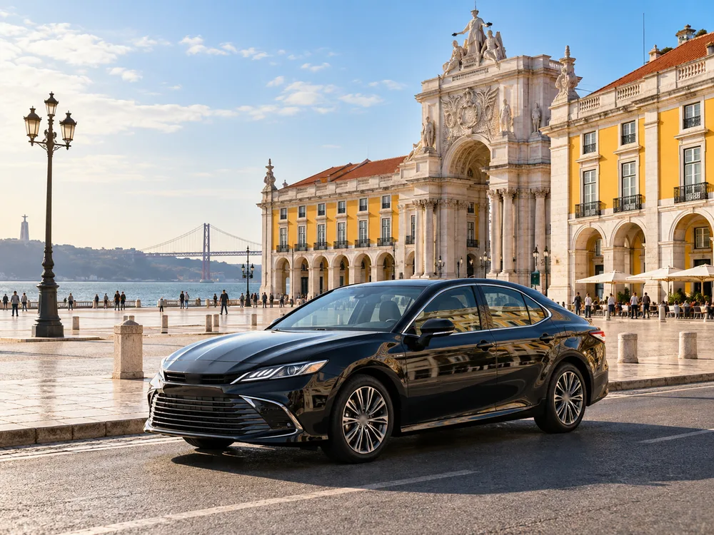 Black sedan parked on the Praça do Comércio waterfront square in Lisbon at golden hour