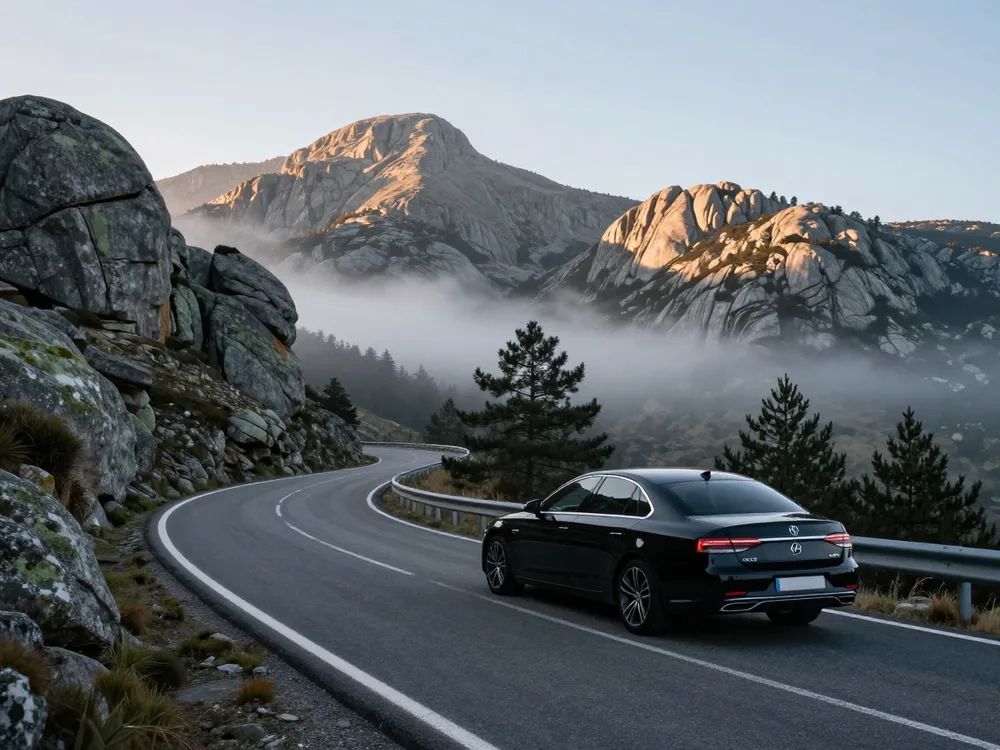 Black sedan on a winding mountain road in the Serra da Estrela