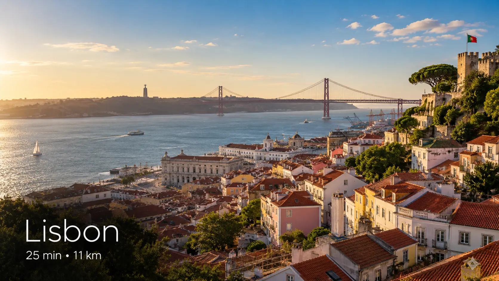 Terracotta rooftops of Lisbon looking over the Tagus towards the 25 de Abril Bridge at sunset