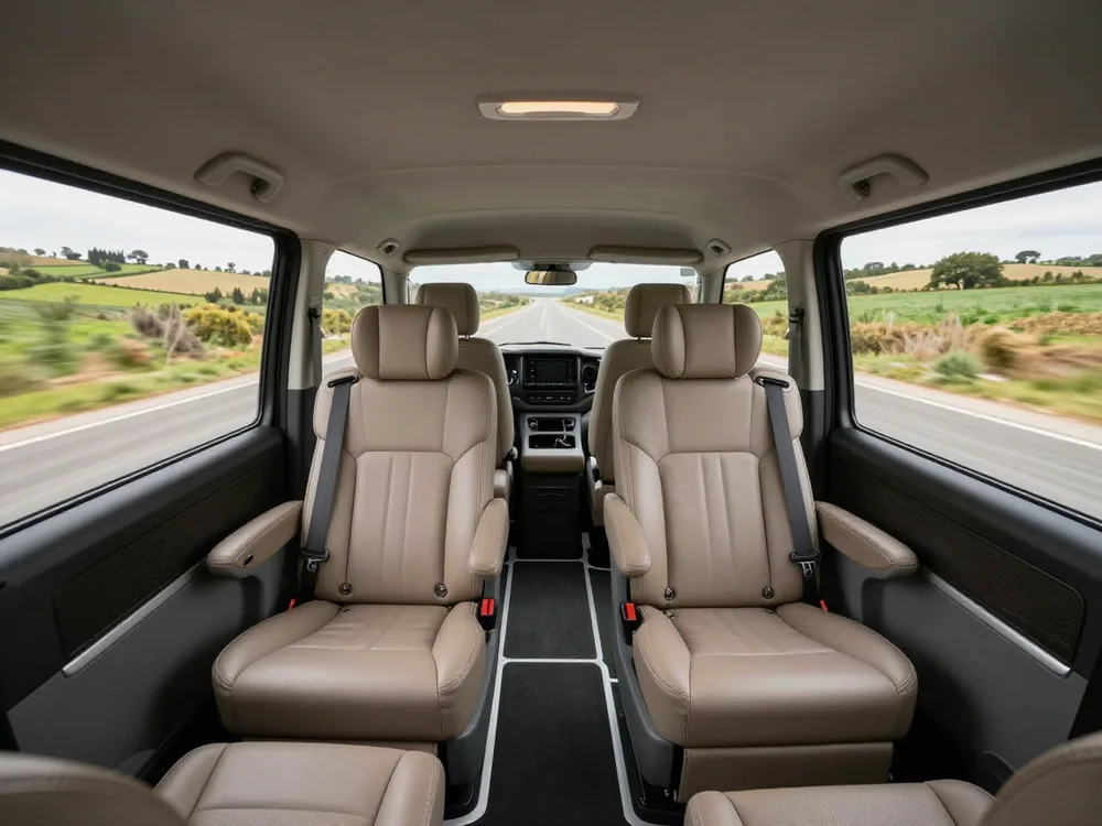 Quiet rear cabin of a passenger van on a country road