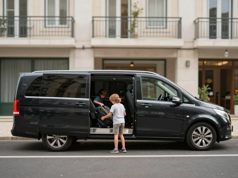 Family loading luggage into a passenger van