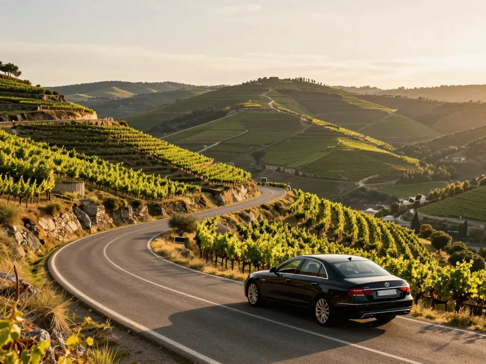 Black sedan on a winding road through Douro valley vineyards